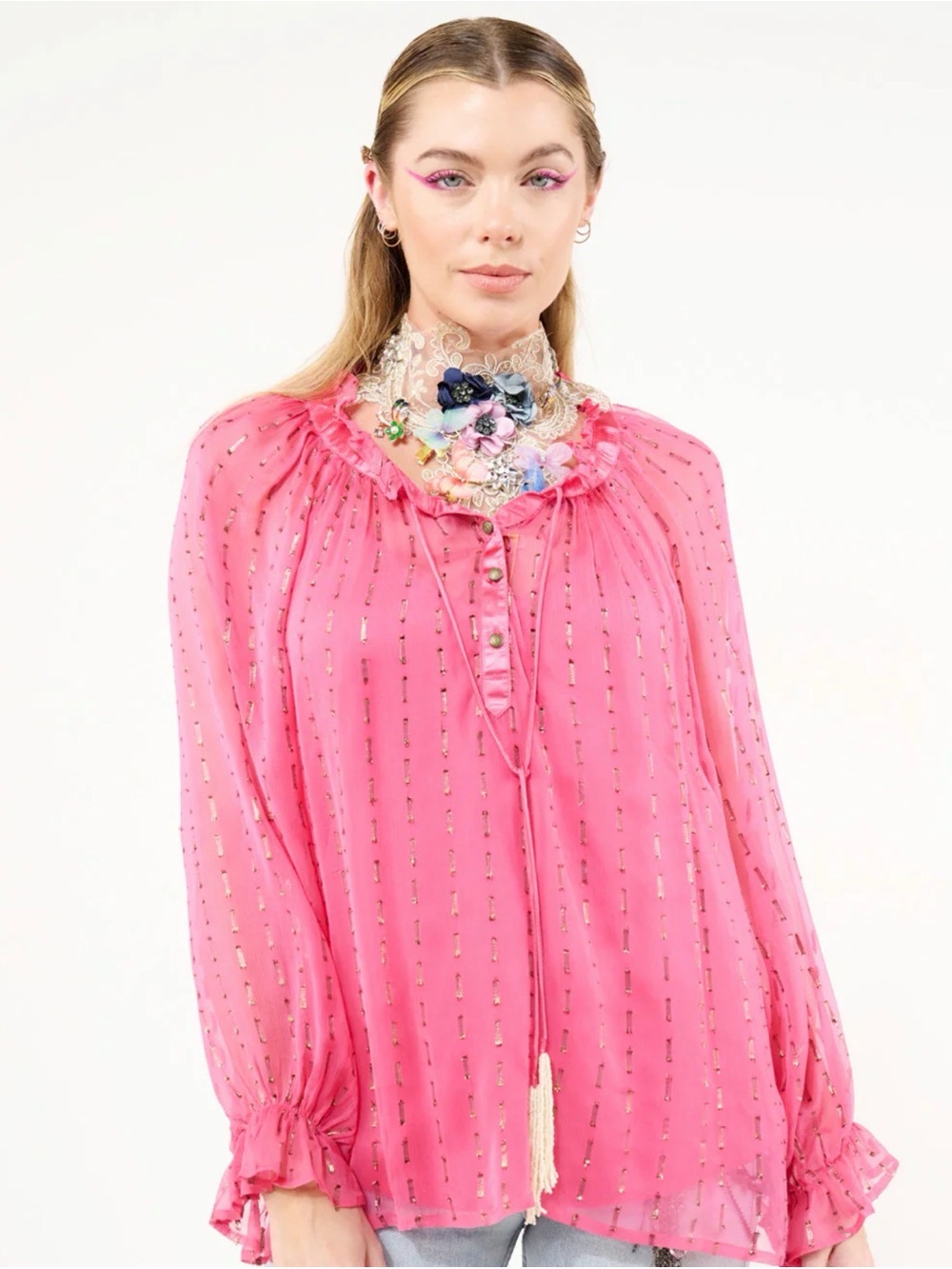 Aratta Maven Women’s Pink Sheer Ruffle-Neck Blouse $124 msrp